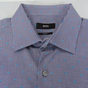 Hugo Boss Shirt Mens 41/16 Blue Dots Button Long‎ Sleeve Cotton Textured